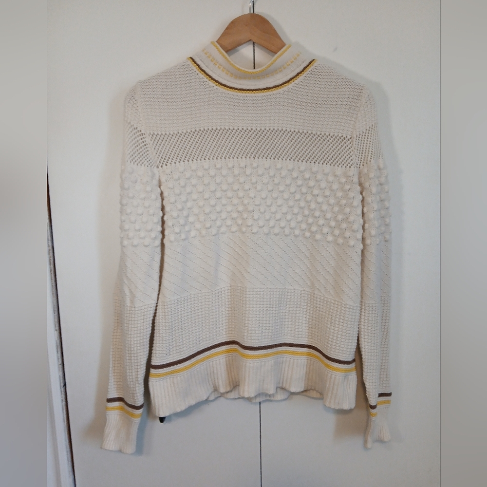 Vintage-Style Textured Knit Sweater Women’s Med Cream with Brown & Yellow Stripe